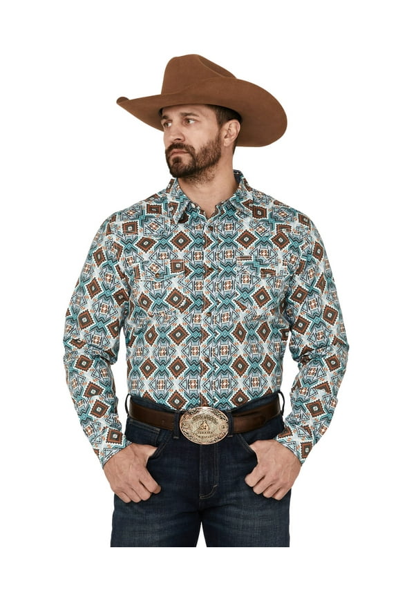 Men's Great Plains Southwestern Print Long Sleeve Snap Western Shirt Turquoise X-