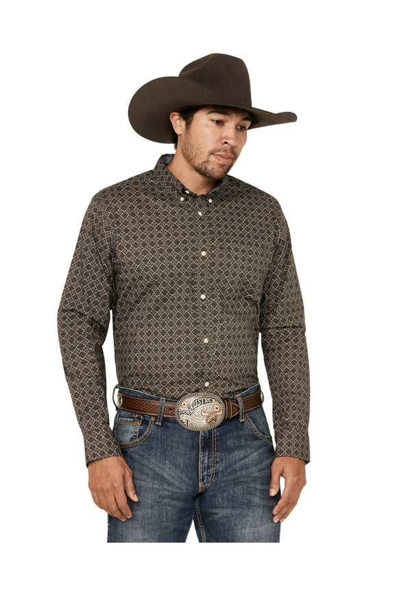 Men's Money Maker Print Long Sleeve Button-Down Western Shirt - CJSP23W14-DKBRN Medium