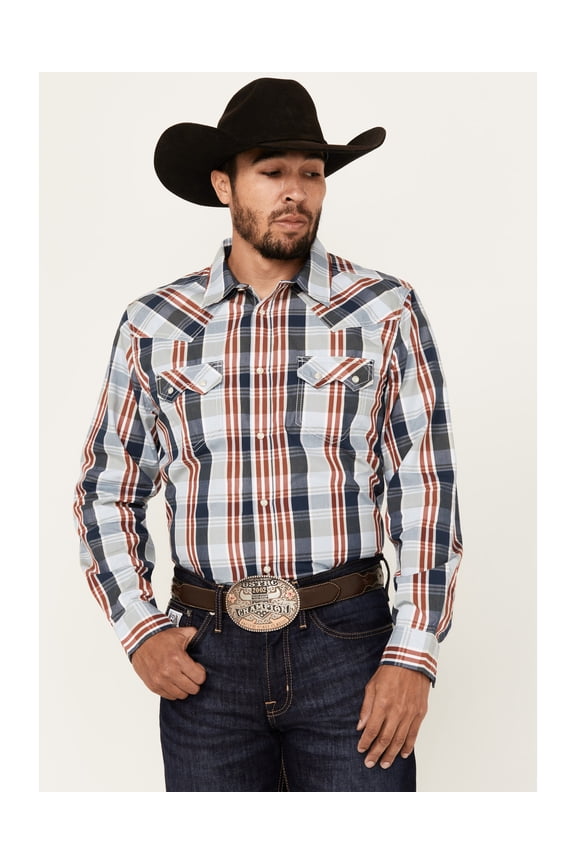 Men's Simple Life Plaid Print Long Sleeve Snap Western Shirt Light Blue