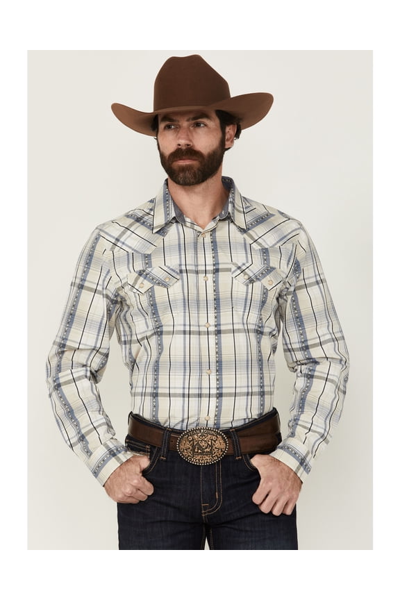 Men's Western Wind Plaid Print Long Sleeve Snap Shirt - CJSP25W15-CRM XX-
