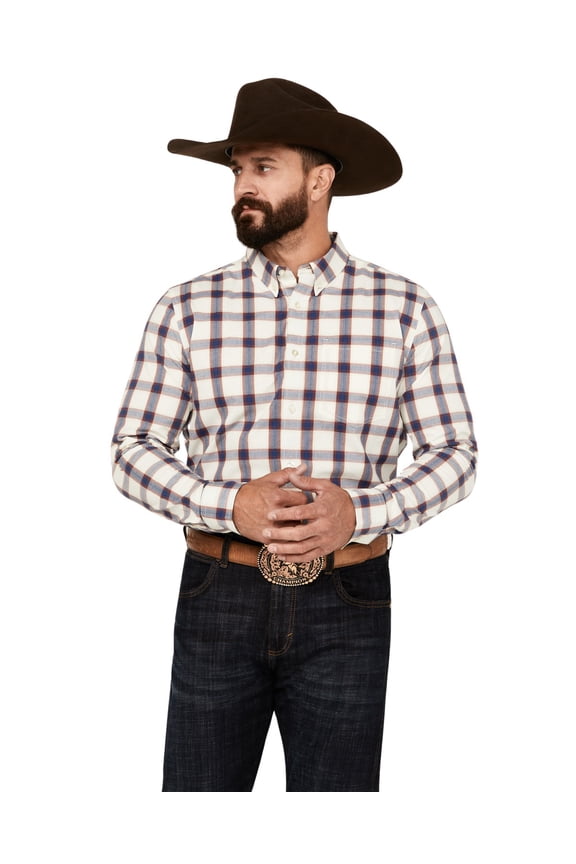 Men's Yeehaw Plaid Print Long Sleeve Button-Down Stretch Western Ivory
