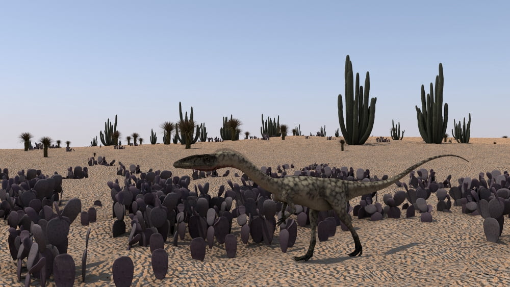 Coelophysis running through a desert Canvas Art - Kostyantyn IvanyshenStocktrek Images (38 x 22)