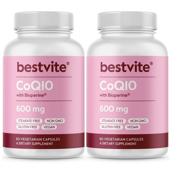 Coenzyme CoQ10 600mg with Bioperine (120 Vegetarian Capsules) (2-Pack) Naturally Fermented - No Stearates - No Fillers - Vegan - Non GMO - Gluten Free
