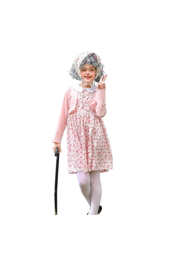 Coerni 100 Days of School Outfit Old Lady for Kids 100th Day of School 𝐔niform Girls Wig Granny 𝐆randma Dress Suit 10 Piece Set