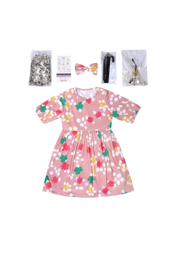 Coerni 100 Days of School Outfit for Girls 𝐆randma Clothes 100th Day of School Accessories Granny Old Lady Dress Wig Cane Glasses