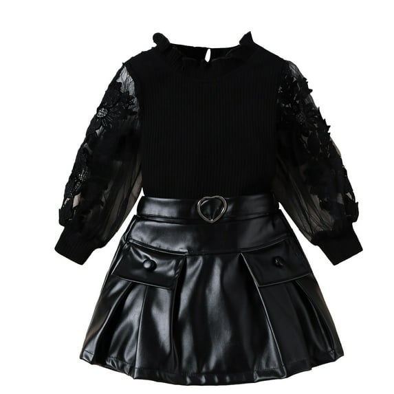 Coerni 2PCS Toddler Kids Baby Girl Lace Long Sleeve Sweater Tops Mini PU Leather Skirt Set Dresses Outfits Fall Clothes
