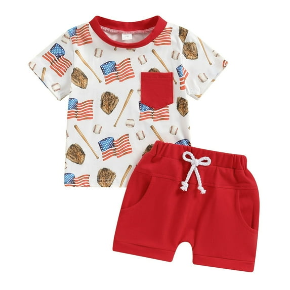 Coerni 2Pcs Fourth of July Summer Outfit for Boys Toddler Short Sleeve Cute Flag Prints T Shirt Tops with Electric Shorts