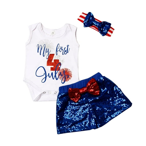 Coerni 3pcs Baby Girls My First 4 Of July Romper Sequins Short Pant Headband Suit New Born Baby Trendy ??ibrant Outfits