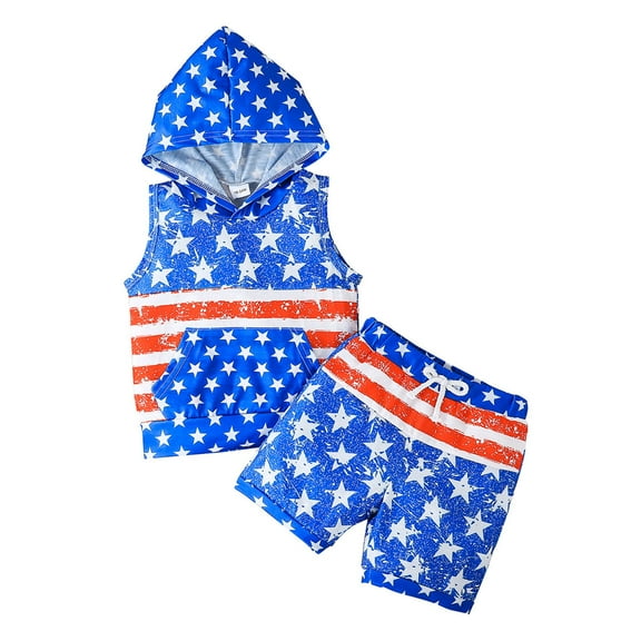 Coerni 4th of July Baby Boy Outfits Toddler Baby Boy Clothes Sleeveless Hoodie Vest Tops American Flag Shorts 2pcs Summer Set