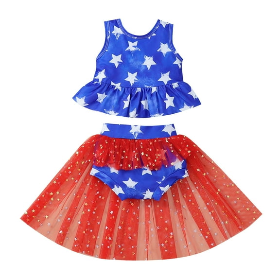 Coerni 4th of July Baby Girl Birthday Outfit Patriotic Sleeveless Tank Tops Tutu Tulle Princess Skirt Cute Summer Clothes Set