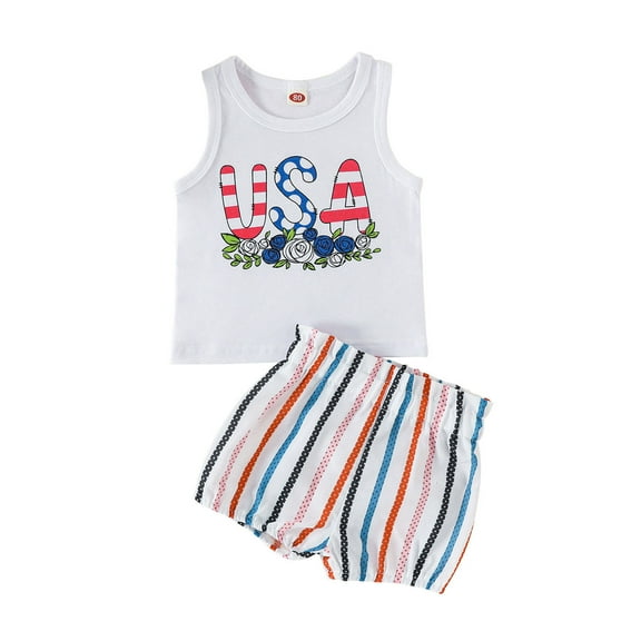 Coerni 4th of July Baby Girl Birthday Outfit USA Letter Sleeveless Tank Tops   Elastic Stripes Shorts Set Summer Outfits Set