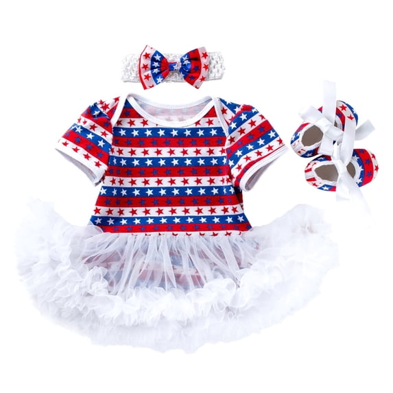 Coerni 4th of July Baby Girl Romper Ruffle Tulle Skirt New Born Jumpsuit Bodysuit+Headband+Shoes 3Pcs Patriotic Outfits