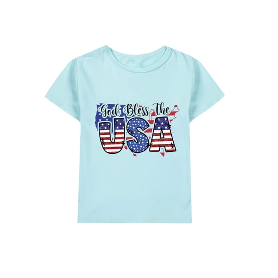 Coerni 4th of July Kids Toddler Girls T Shirt Solid American Flag Print Short Sleeve Tees Cotton Round Neck Clothes