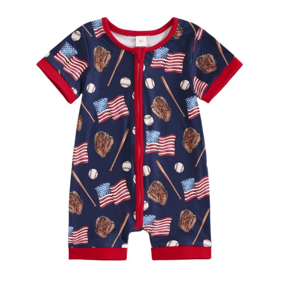 Coerni 4th of July Toddler Girl Outfit Boys Independence Day Summer Baseball Print Zip Up Bodysuit Short Crawl Suit