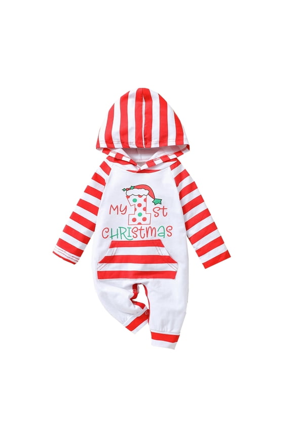 Coerni Baby Boy Christmas Hooded Romper Striped Long Sleeve Colorblock Letter Hoodie Camo Jumpsuit One Piece Clothes