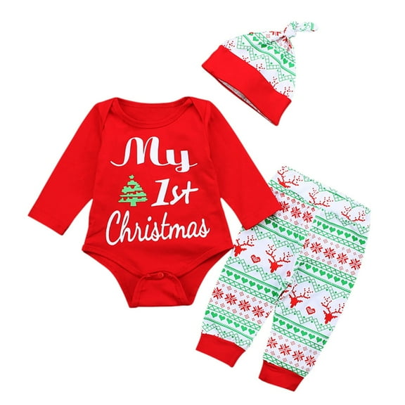 Coerni Baby Boys Girls My 1st Christmas Outfits My First Christmas Letter Print Romper+Red Plaid Pants +Hat 3Pcs Clothes Set