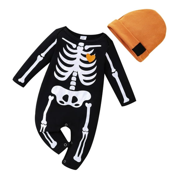 Coerni Baby Boys Girls Outfits Halloween Romper Long Sleeve Skull Jumpsuit Bodysuit 2Pcs Toddler Skeleton Clothes with Hat