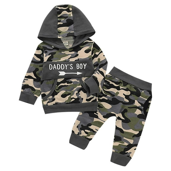 Coerni Baby Boys Outfits Toddler Boys Fall Winter Clothes Letter Print Long Sleeve Hooded Tops Camouflage Pants Set 2pcs