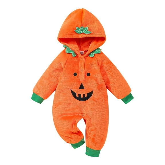 Coerni Baby Crawling Suit Halloween Pumpkin Hooded Jumpsuit Winter Fleece Outwear Toddler Warm Romper Cute Flannel Button Onesie