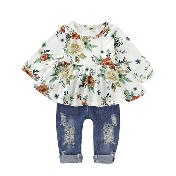 Coerni Baby Girl 2pcs Clothes Sets Toddler Girl Fall Winter Outfit Denim Ripped Jeans Ruffle Floral Dress Shirt Pant Set