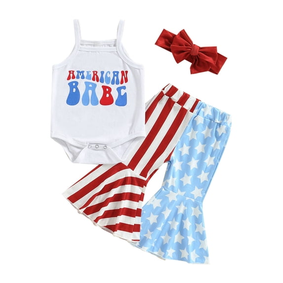 Coerni Baby Girl 4th of July Outfit Spaghetti Strap Sleeveless Romper Tank Tops 𝚂tars Striped Bell Bottoms Headband Set
