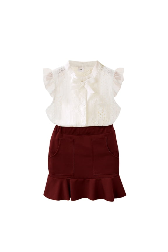 Coerni Baby Girl Casual Outfit Girls Summer Set Ruffled Sleeve Lace Tops Solid Skirt Outfits Set Teen Girl Outfits for Juniors