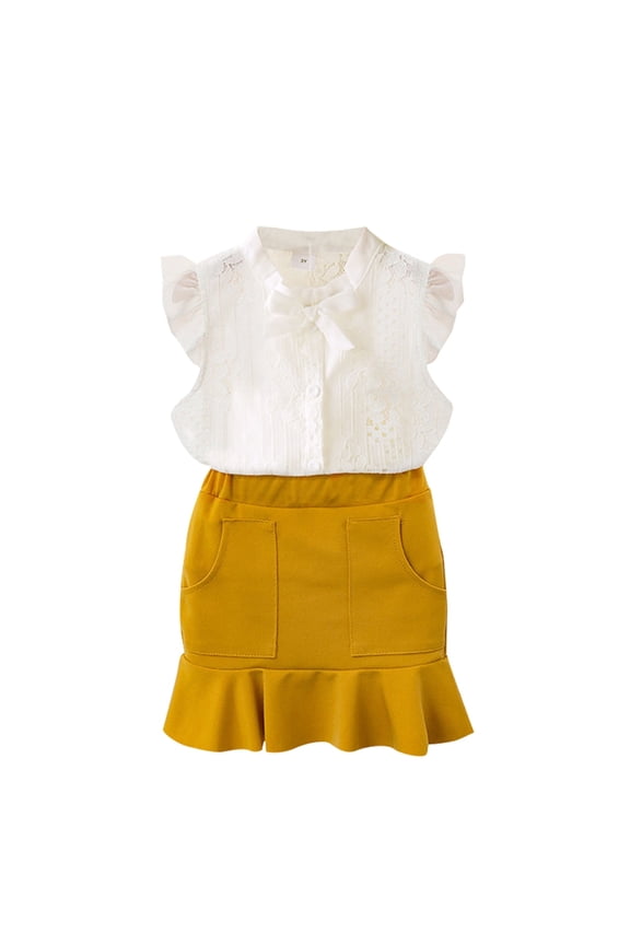 Coerni Baby Girl Casual Outfit Girls Summer Set Ruffled Sleeve Lace Tops Solid Skirt Outfits Set Teen Girl Outfits for Juniors