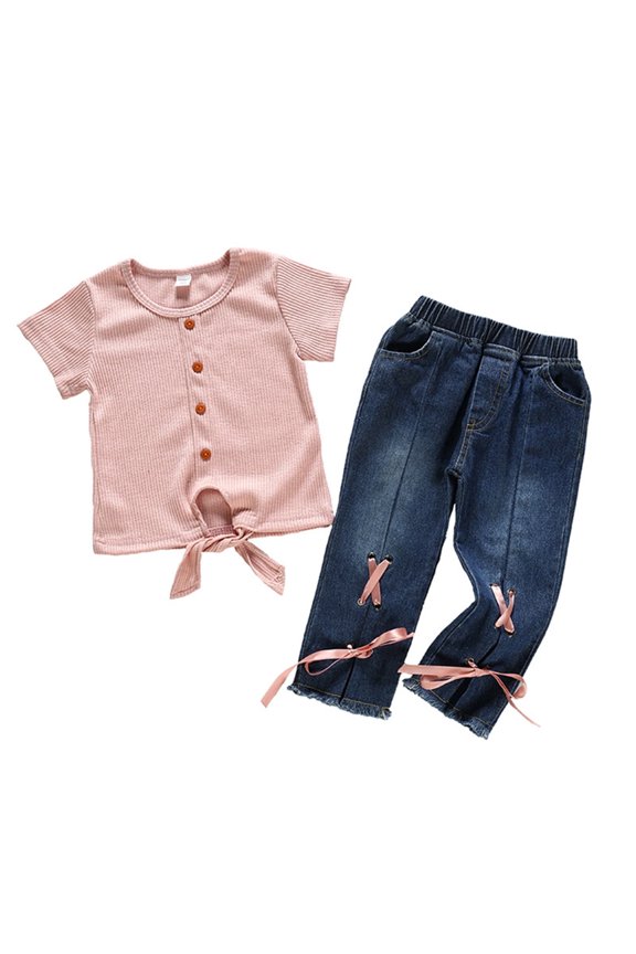 Coerni Baby Girl Clothing Set Short Sleeve Solid Ribbed Tops Patchwork Jeans Denim Pants Outfits Set Outfits for Teen Girls