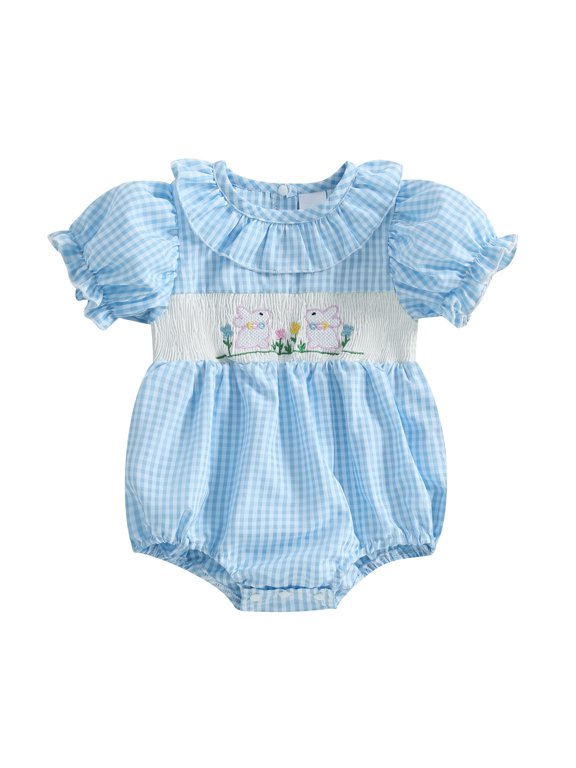 Coerni Baby Girl Cotton Linen Outfit Easter Bunny Bubble Romper Jumpsuit Onesie New Born Rabbit Embroidered Waffle Clothes