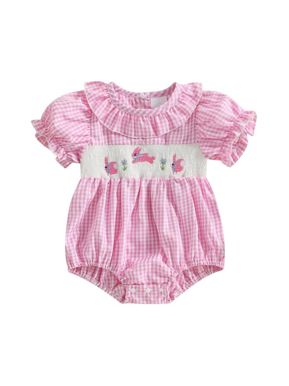Coerni Baby Girl Cotton Linen Outfit Easter Bunny Bubble Romper Jumpsuit Onesie New Born Rabbit Embroidered Waffle Clothes