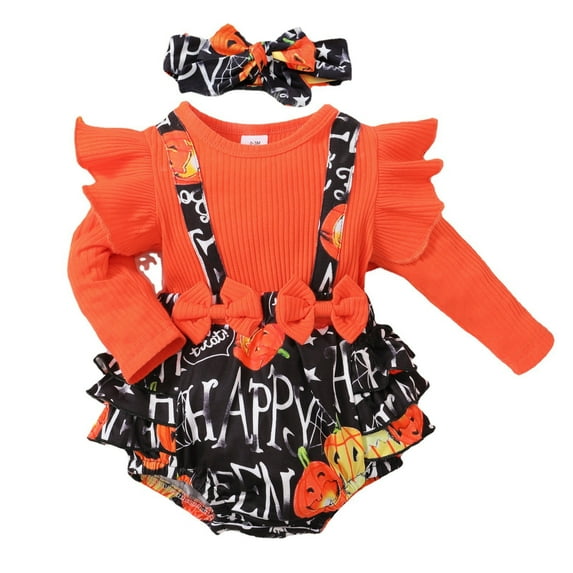 Coerni Baby Girl Halloween Outfits Romper Dress Ruffles Ruffled Sleeve Pumpkin Print Bodysuit+Bow Headband Toddler Clothes Sets