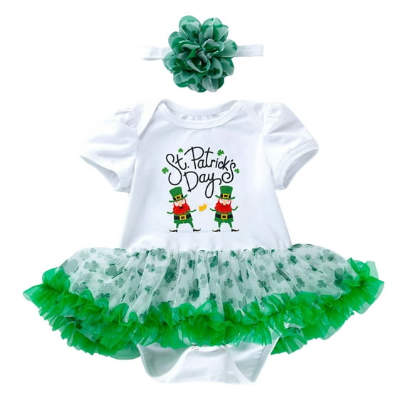 Coerni Baby Girl My 1st St Patricks Day Outfit Short Sleeve Ruffle Tutu Romper Dress with Headband 2Pcs Toddler Clothes Set