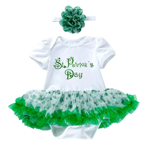 Coerni Baby Girl My 1st St Patricks Day Outfit Short Sleeve Ruffle Tutu Romper Dress with Headband 2Pcs Toddler Clothes Set