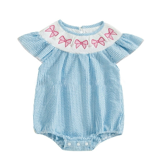 Coerni Baby Girls Bow Embroidery Bubble Rompers New Born Cute Ruffle Shorts Sleeve Stripe Bodysuit Summer Smocked Romper