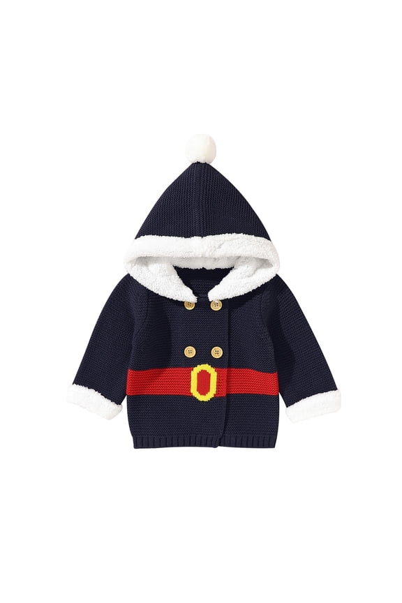 Coerni Baby Girls Boys Autumn Christmas Patchwork Button Pullover Hooded Long Sleeve Knit Sweater Cardigan Coat Jacket Clothes Soft Jacket for Girls