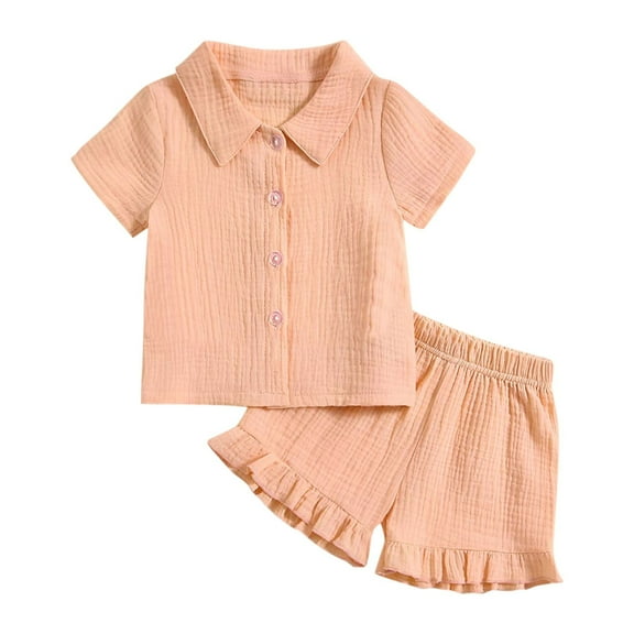 Coerni Baby Girls Clothes Set Toddler Summer Outfit Cotton Linen Short Sleeve T-shirt Top Button-Down Shirt Short Set