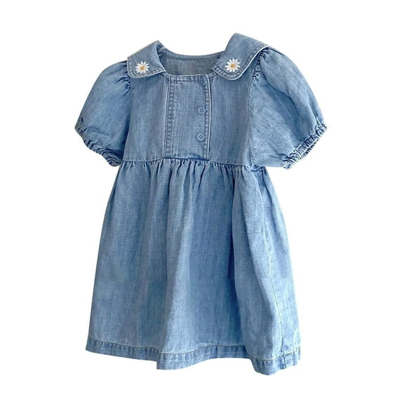 Coerni Baby Girls Lapel Denim Dress Bubble Short Sleeve Chrysanthemum Embroidery Flutter Button Down Casual Sundress