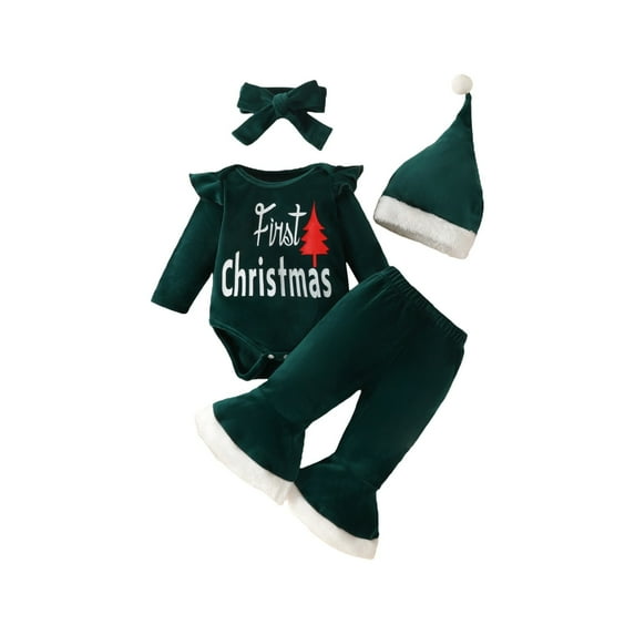 Coerni Baby Girls My First Christmas Outfits Velvet Long Sleeve Bodysuit+Flared Pants+Headband+Hat 4PCS Xmas Clothes Sets