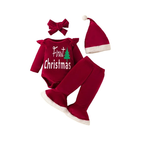 Coerni Baby Girls My First Christmas Outfits Velvet Long Sleeve Bodysuit+Flared Pants+Headband+Hat 4PCS Xmas Clothes Sets