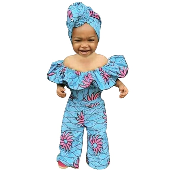 Coerni Baby Girls Off Shoulder Dashiki African Jumpsuit + Headband Clothing Set Kids Baby Girls Romper Summer Outfits