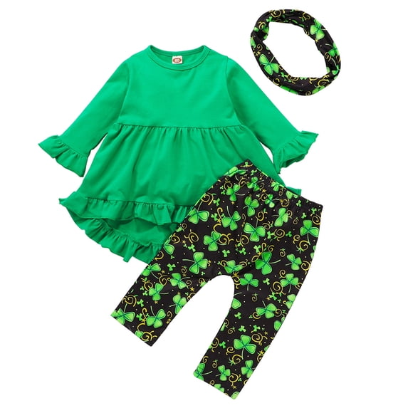 Coerni Baby Girls St.Patricks Day 3pcs Outfits Clothes Set 0 to 6 Years Kids Toddler Ruched Dress Tops+Pants+Headband