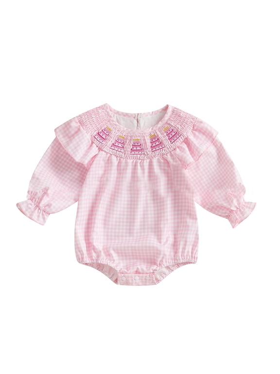 Coerni Baby Girls Summer Smocked Romper Cute Birthday Party Bodysuit Long Sleeve Cake Embroidery Plaid Bubble Rompers