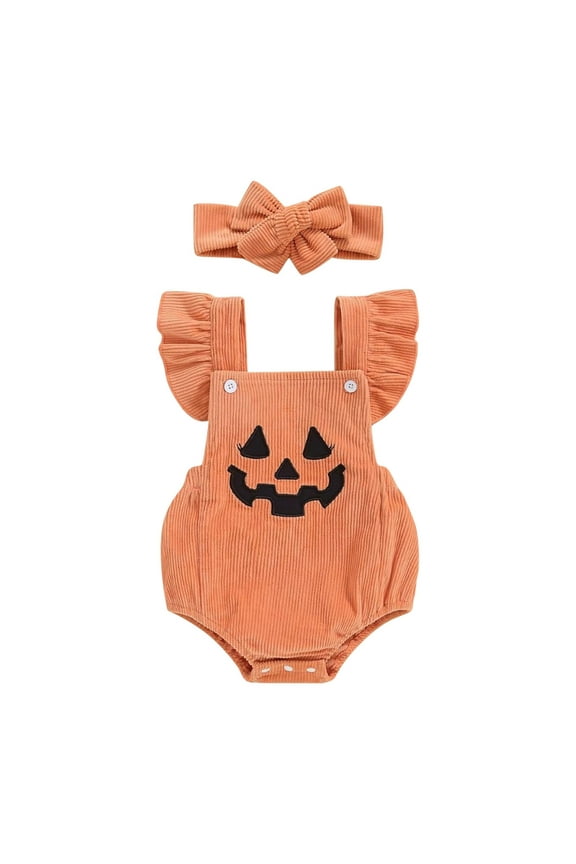 Coerni Baby Jumpsuit New Born Halloween Pumpkin Crawling Clothes Bodysuit Headband Set Soft Ruffle Romper Baby Overalls Outwear