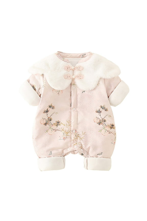 Coerni Baby Jumpsuits Fleece Button Romper Embroidered Crawling Overalls Wool Thickened Dress Ruffle National Style Tang Suit