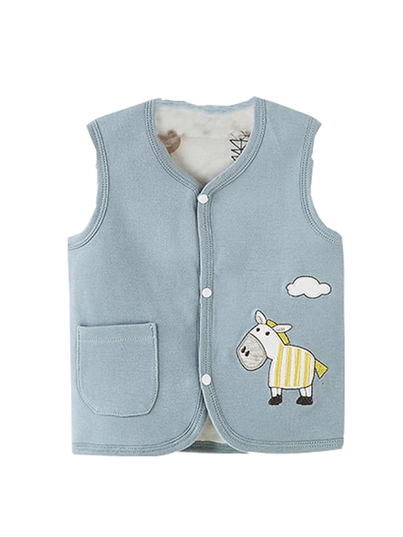 Coerni Baby Kids Reversible Vest Cute Cartoon Animal Graphic Sleeveless Gilet Infant Snaps-Up Warm Layering Waistcoat Spring Autumn