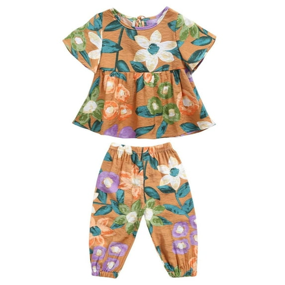 Coerni Baby Toddler Girl's Clothes Set Short Sleeve Floral Print Dress Pants Suit For 0 To 4 Years Girl Summer Outfits