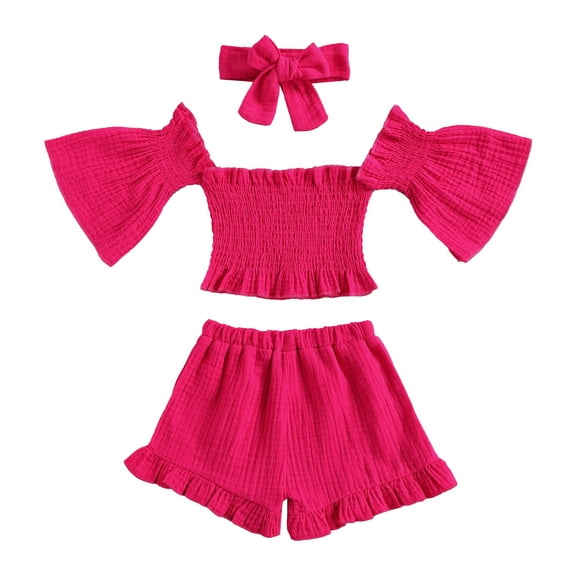 Coerni Baby Toddler Girls Clothes Solid Colour One Shoulder Flared Sleeve Top Ruffle Shorts Set Girls Summer Outfits