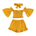 thumbnail image 1 of Coerni Baby Toddler Girls Clothes Solid Colour One Shoulder Flared Sleeve Top Ruffle Shorts Set Girls Summer Outfits, 1 of 5