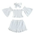 thumbnail image 1 of Coerni Baby Toddler Girls Clothes Solid Colour One Shoulder Flared Sleeve Top Ruffle Shorts Set Girls Summer Outfits, 1 of 6