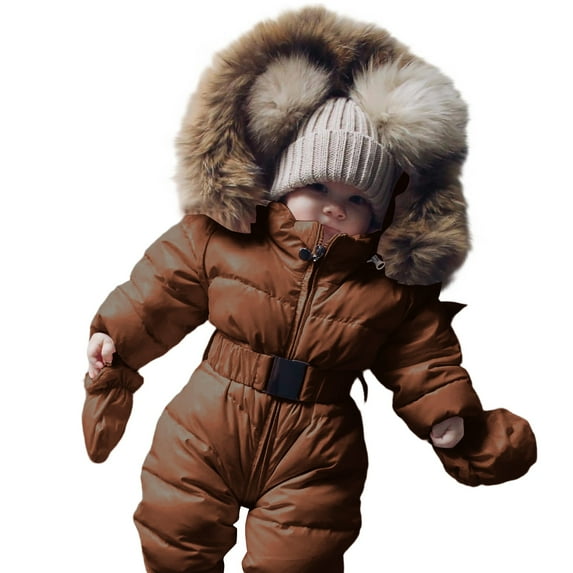 Coerni Baby Winter Puffer Snowsuit Faux Fuš« Hooded Down Outfits Elastic Waist Warm Zip Up Quilted Onesie Ski Jacket